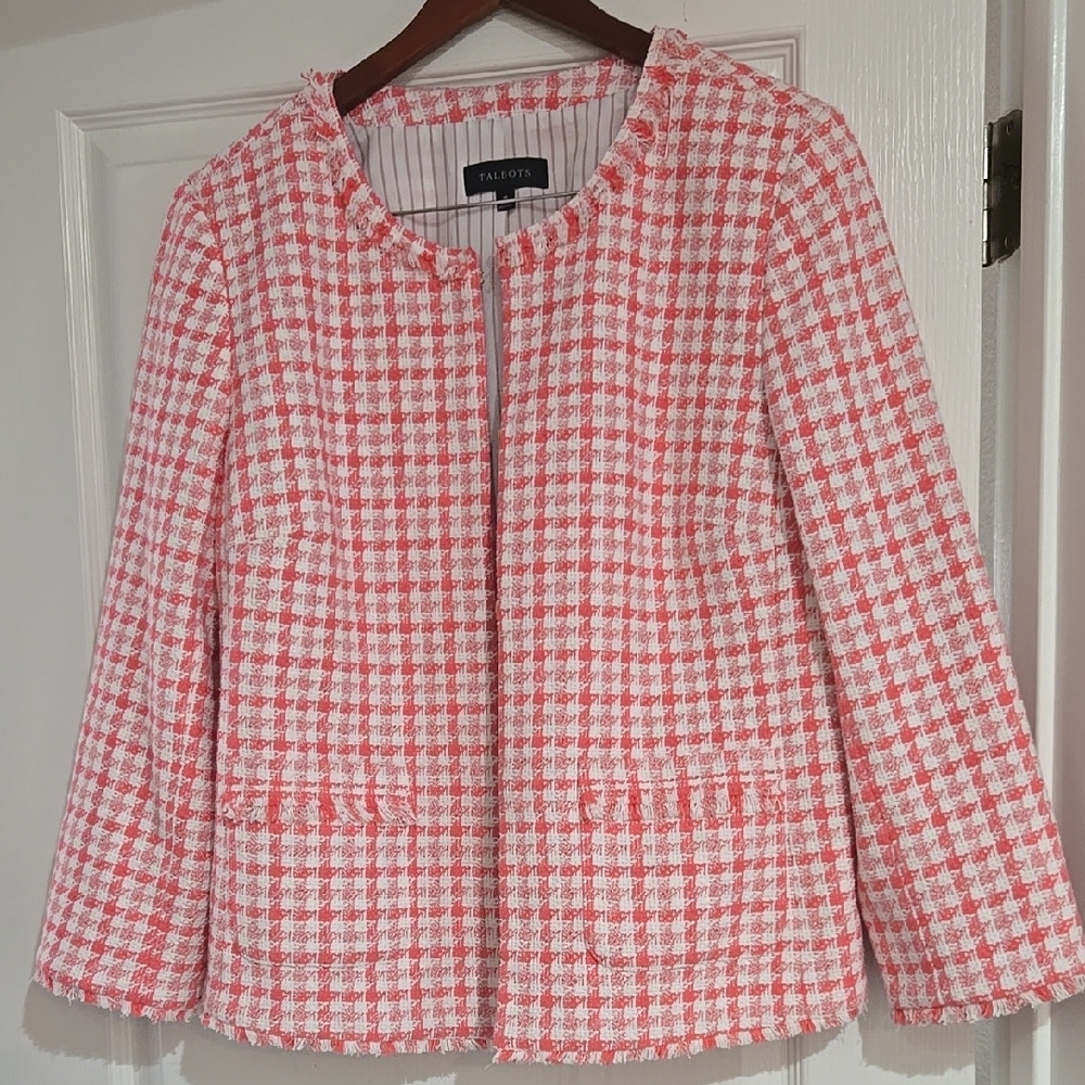 Talbots Pink and White Gingham Blazer with Fringe Trim